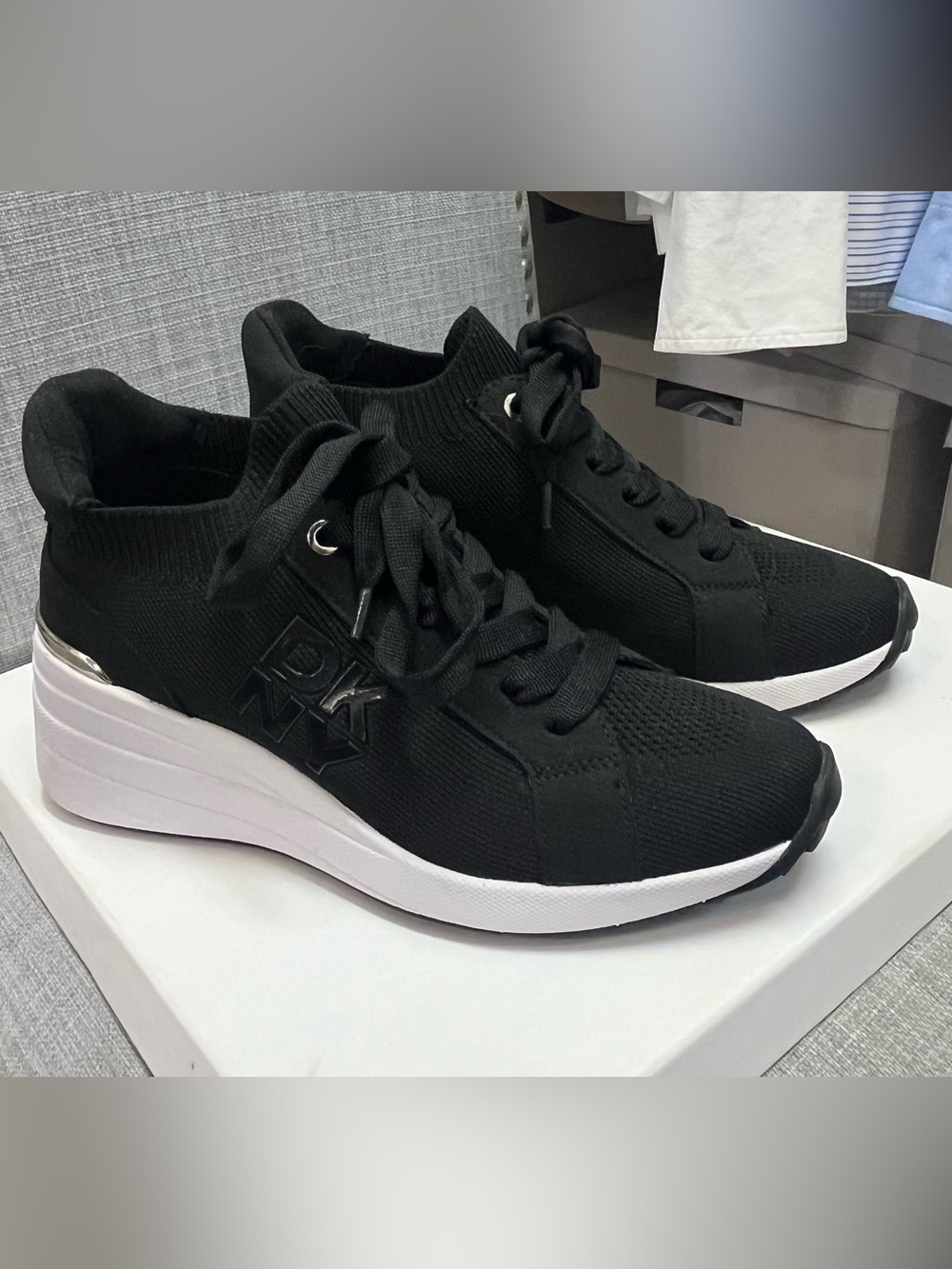 Donna Karan Black Knit Lace-Up Platform Sneakers with White Sole. Like new